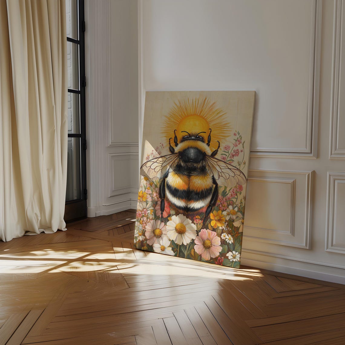 Sunlit Bumblebee With Sunburst Halo Vibrant Wildflower Wall Art - Image 2