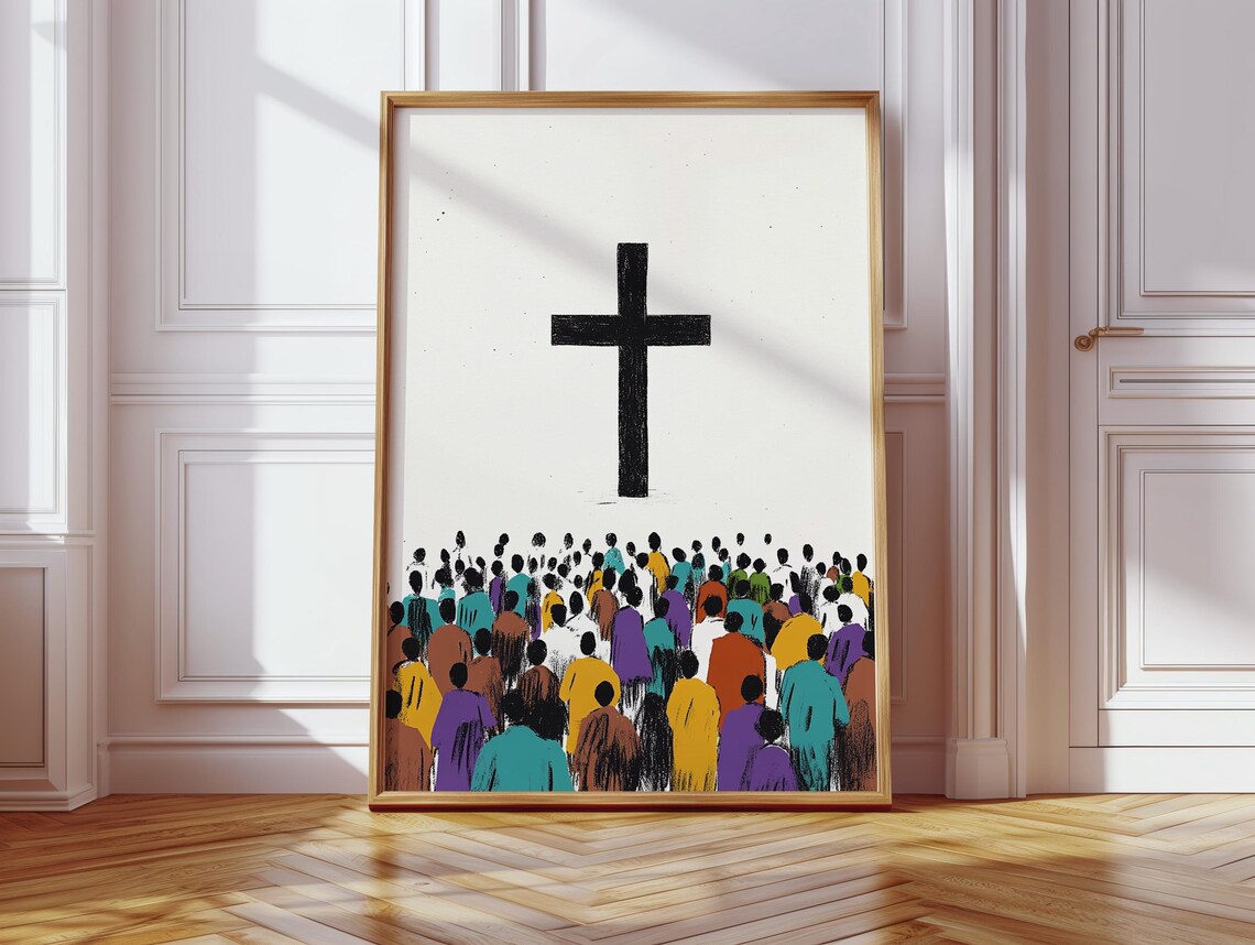 Christian Crowd Cross Art Print, Religious Wall Decor