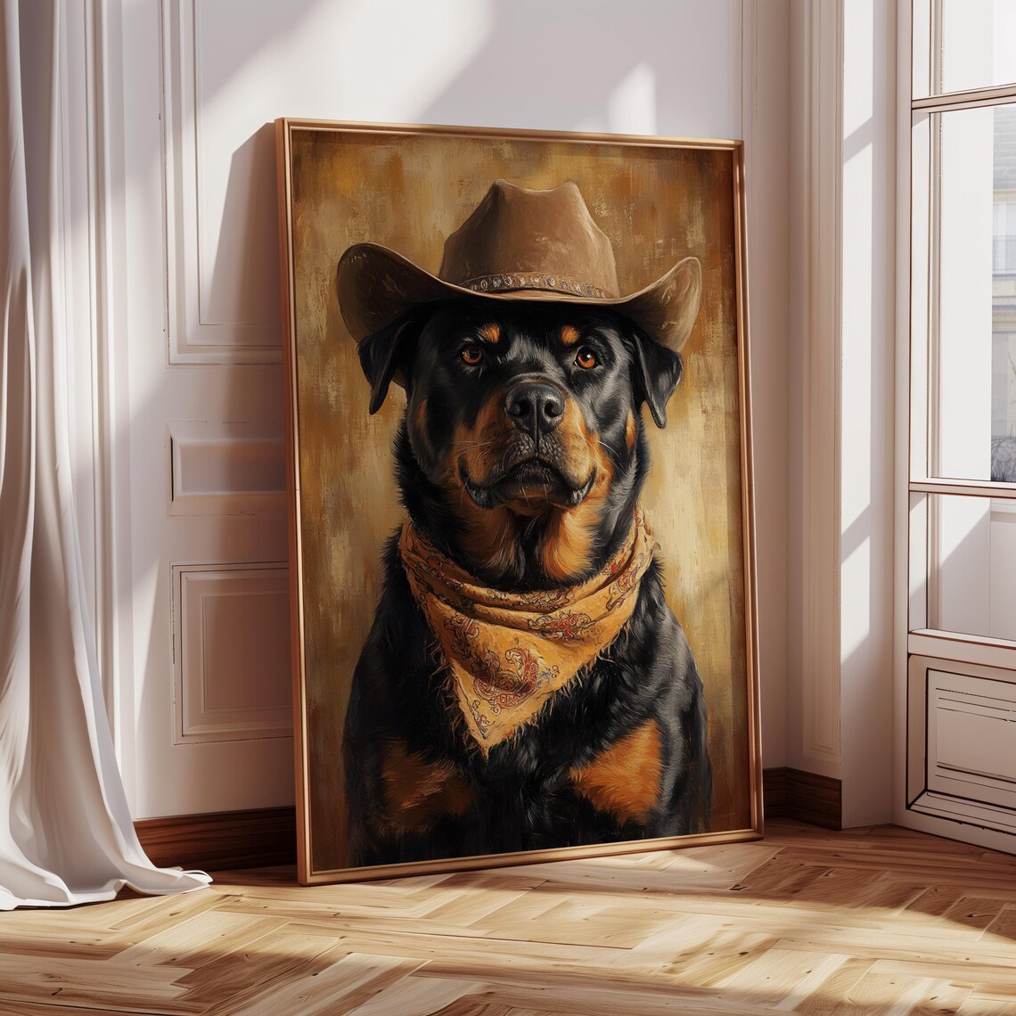 Cowboy Rottweiler Portrait, Rustic Ranch Decor - Image 5