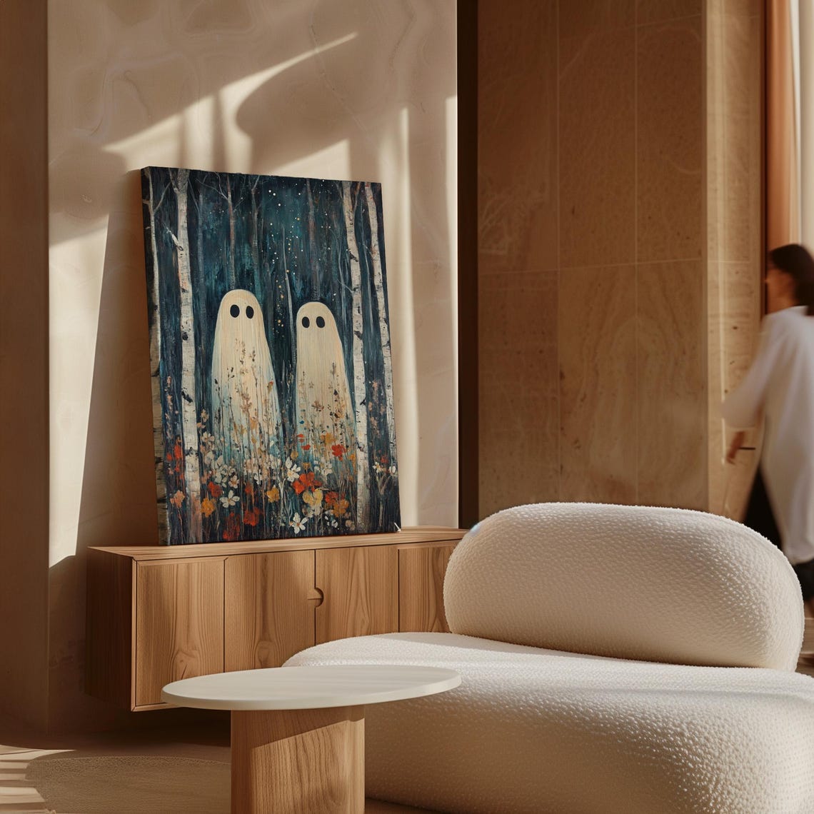 Whimsical Ghosts in Birch Forest Autumn Floral Halloween Wall Poster - Image 4