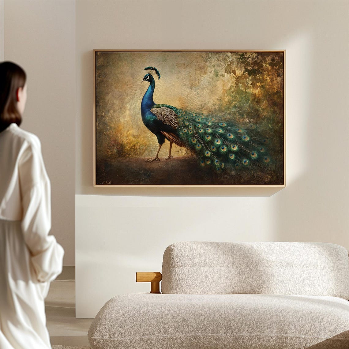 Elegant Peacock Standing Portrait Teal Blue Gold Bird Wall Art - Image 2