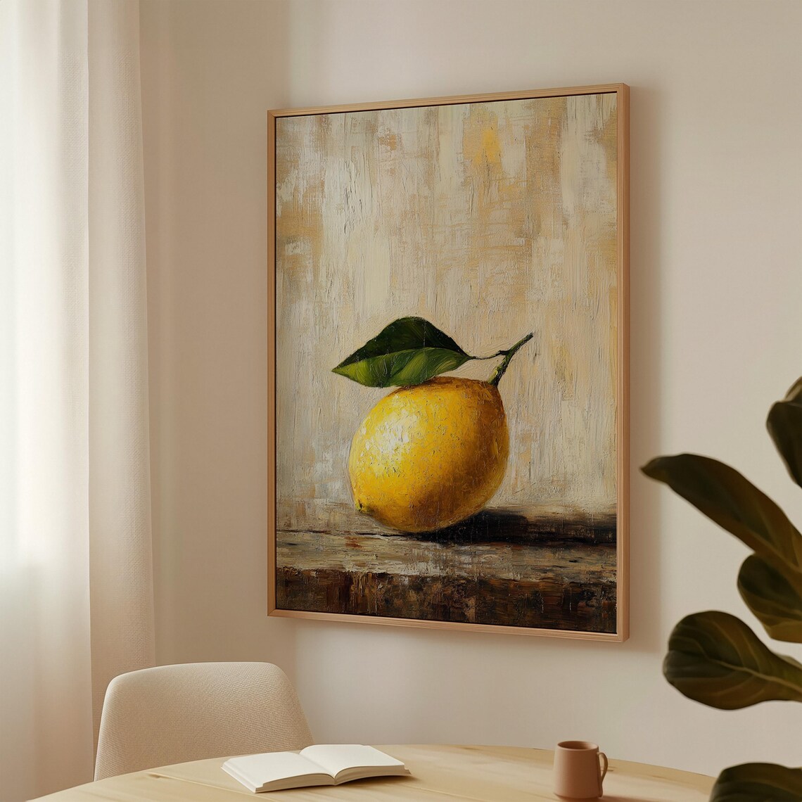Rustic Lemon Still Life Painting, Vintage Kitchen Decor