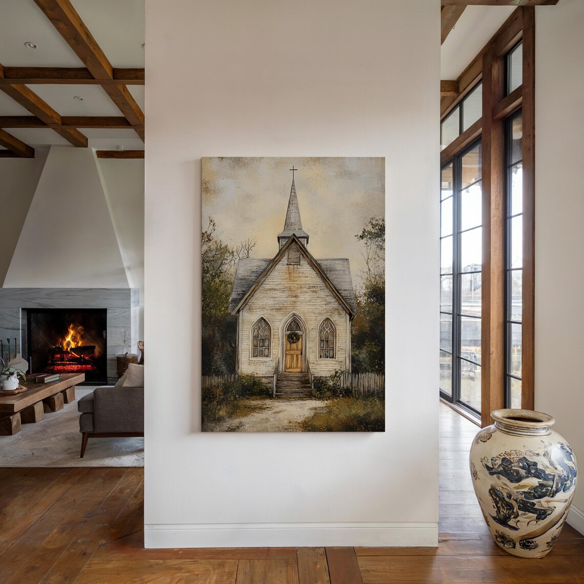 Rustic Church Painting, Vintage Country Chapel Art - Image 5