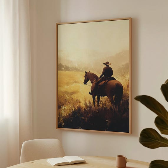 Western Cowboy Landscape Print Rustic Horseback Wall Art Country Ranch Decor Vintage Prairie Painting Lone Rider Artwork