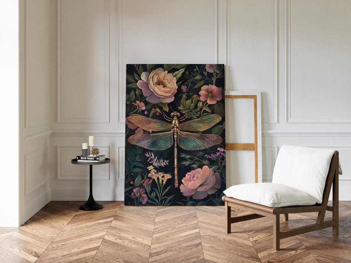 Dragonfly Botanical Peony Floral Dark Moody Vintage Insect Art Poster - Image 5