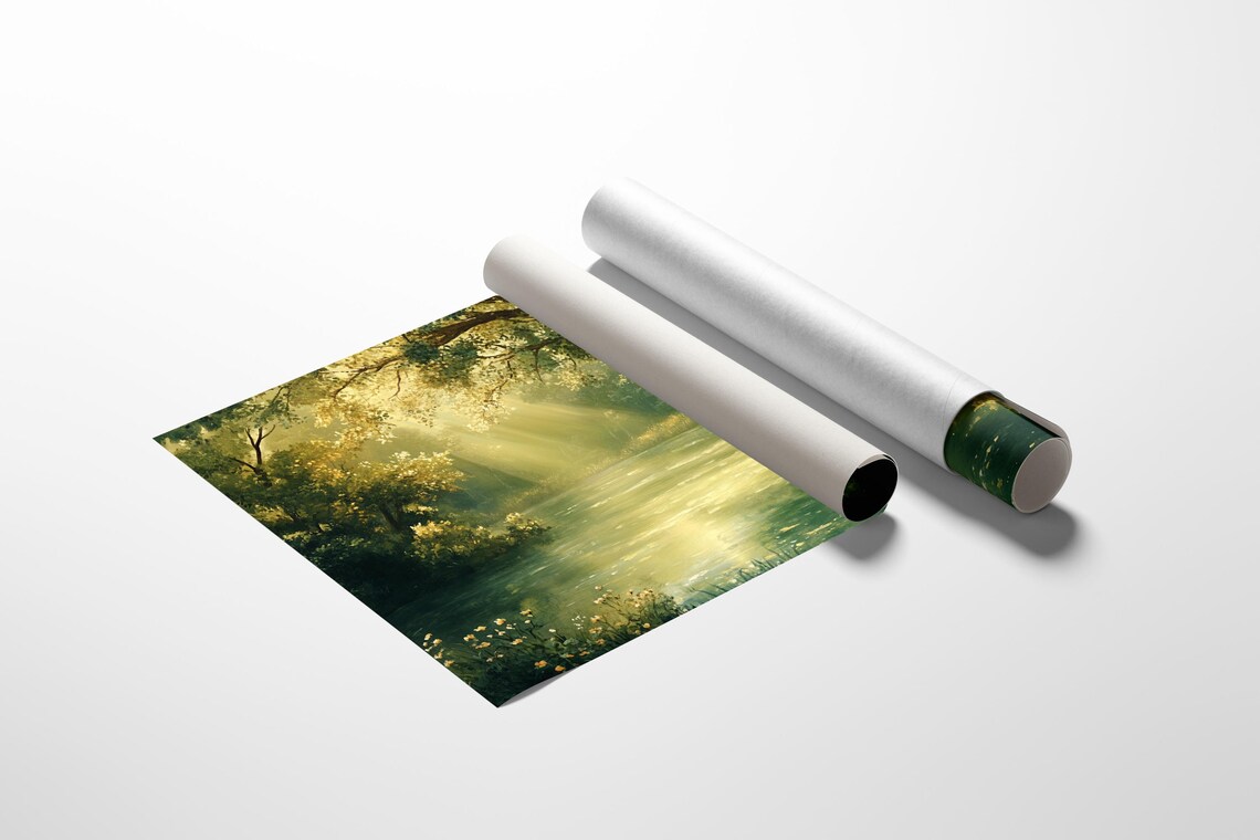Golden Forest River, Peaceful Sunlit Landscape Art Print - Image 2