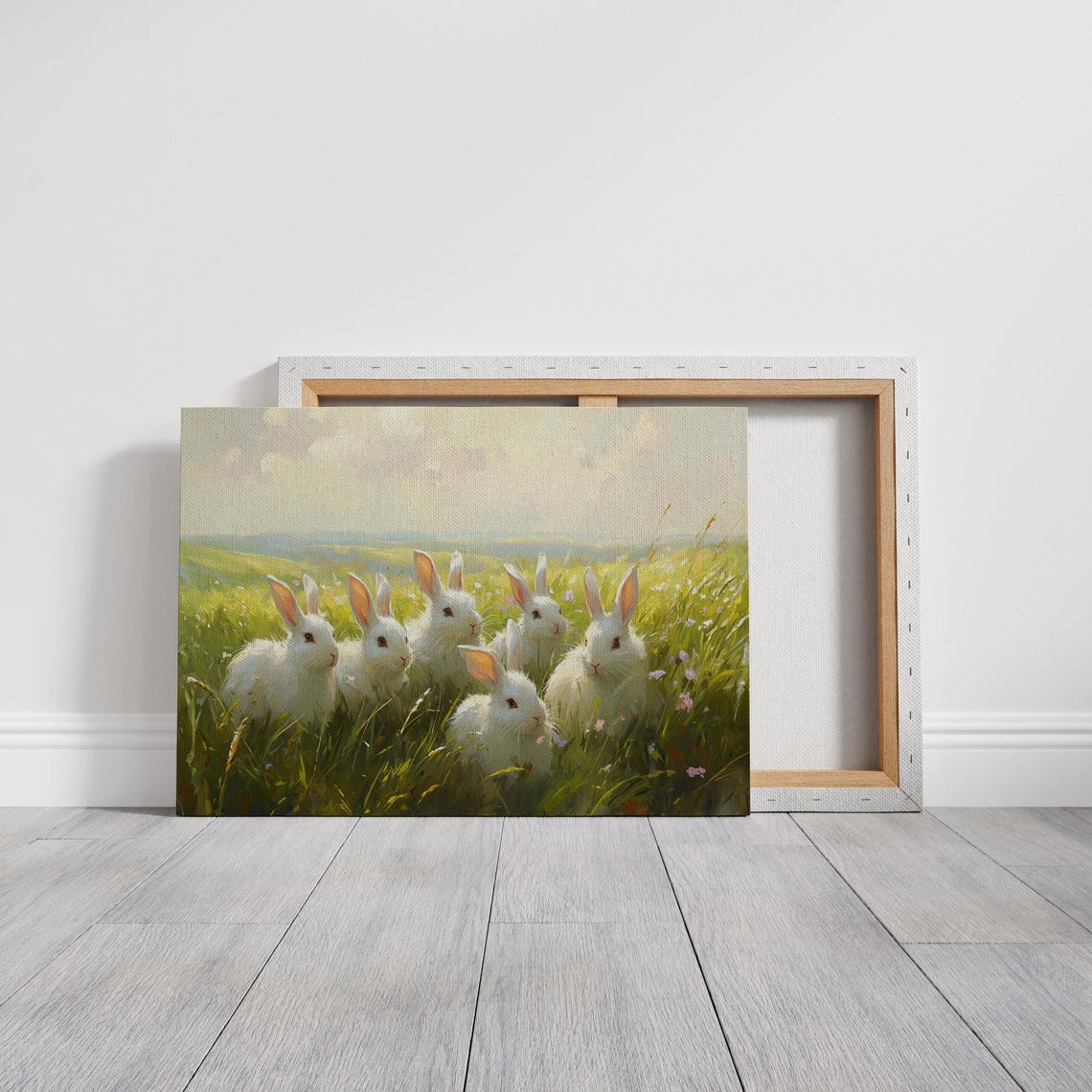 Group Of White Bunnies In Sunny Spring Meadow Cute Bunny Art Poster - Image 3