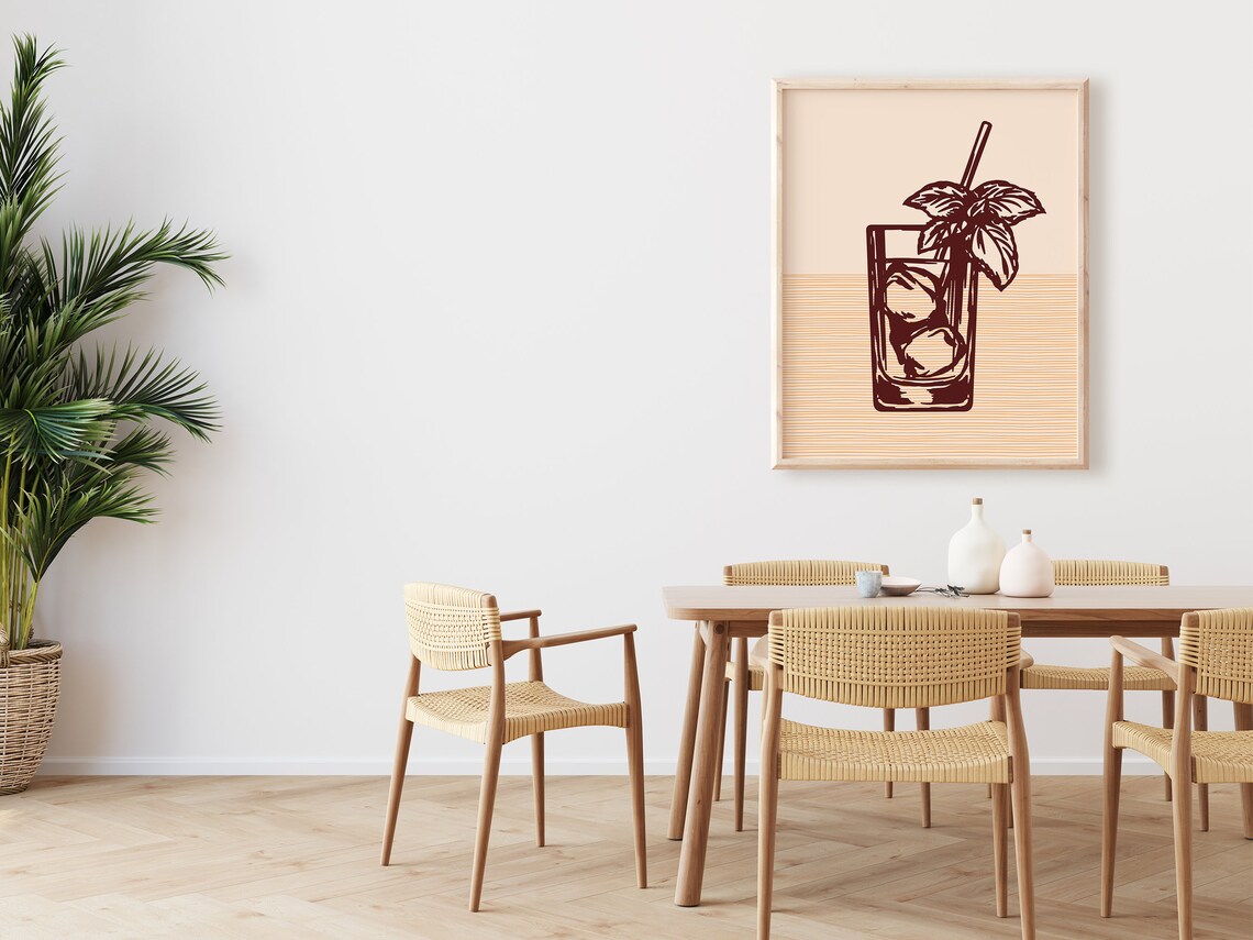 Minimalist Cocktail Glass Line Art Basil Straw Retro Kitchen Wall Poster - Image 2