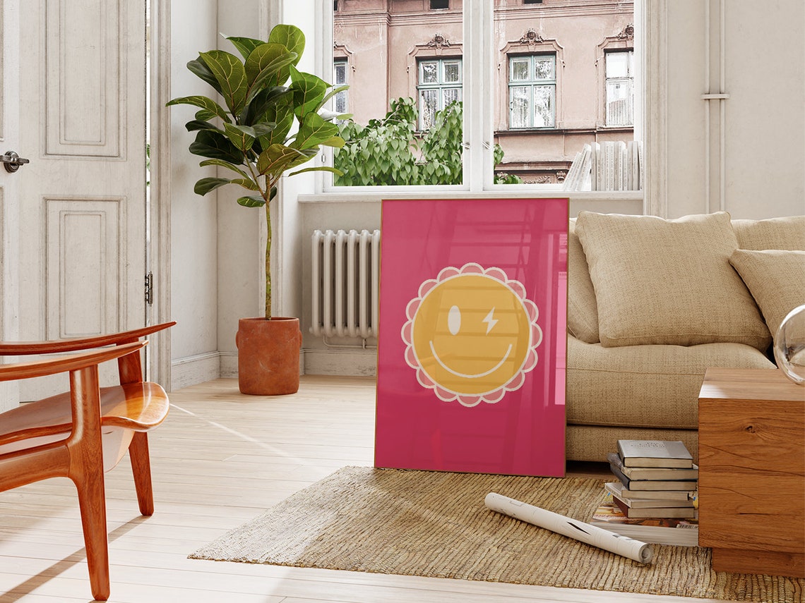 Pink And Yellow Winking Smiley Face Preppy Groovy Dorm Room Poster - Image 2
