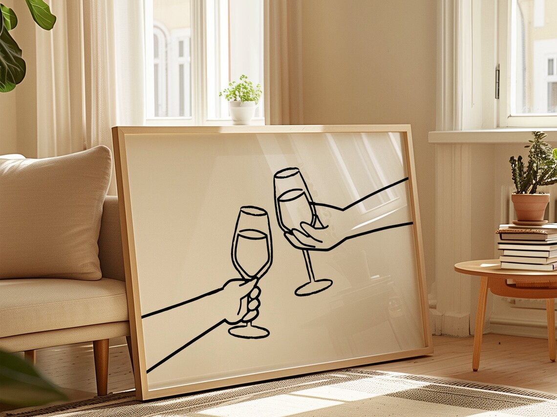Wine Glasses Cheers Minimalist Line Art Toast Hands Black White Wall Art Print - Image 4