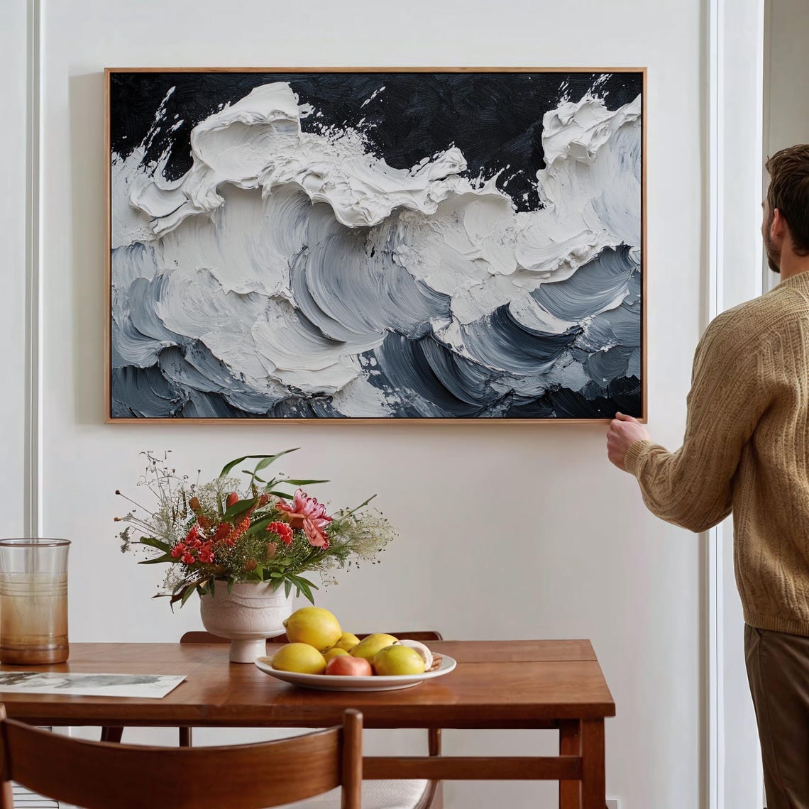 Monochrome Ocean Wave Abstract Swirls Black White Textured Wall Poster - Image 2