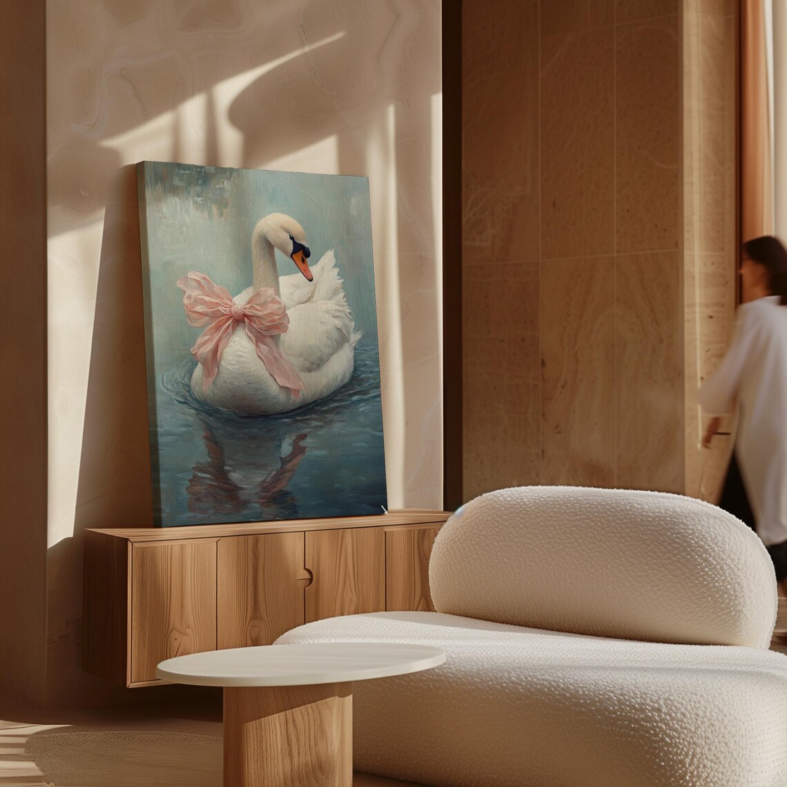 White Swan Pink Bow Blue Water Serene Oil Painting Nature Wall Art - Image 4