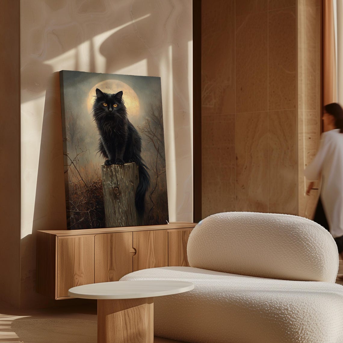 Fluffy Black Cat On Wooden Post Under Full Moon Night Art Print - Image 3