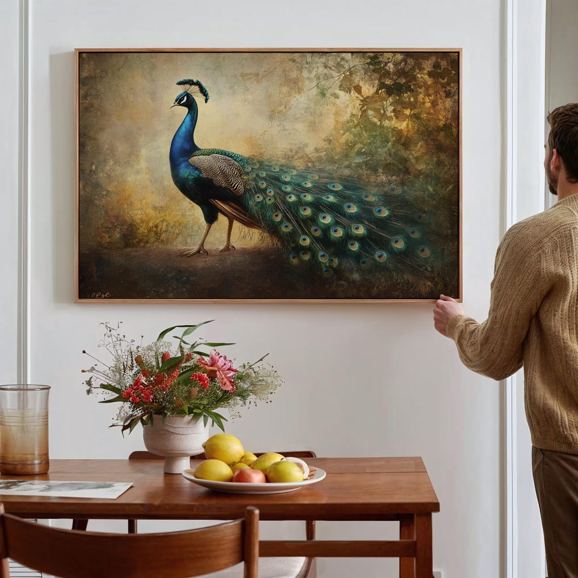 Elegant Peacock Standing Portrait Teal Blue Gold Bird Wall Art - Image 4