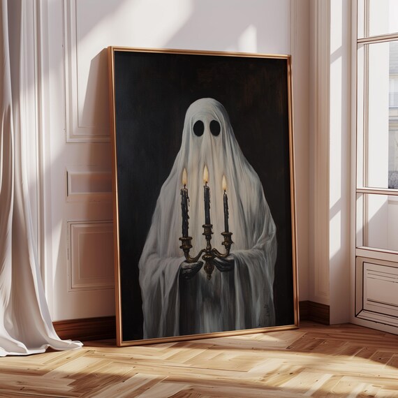 Gothic Ghost Holding Candelabra Poster Spooky Halloween Candlelight Art