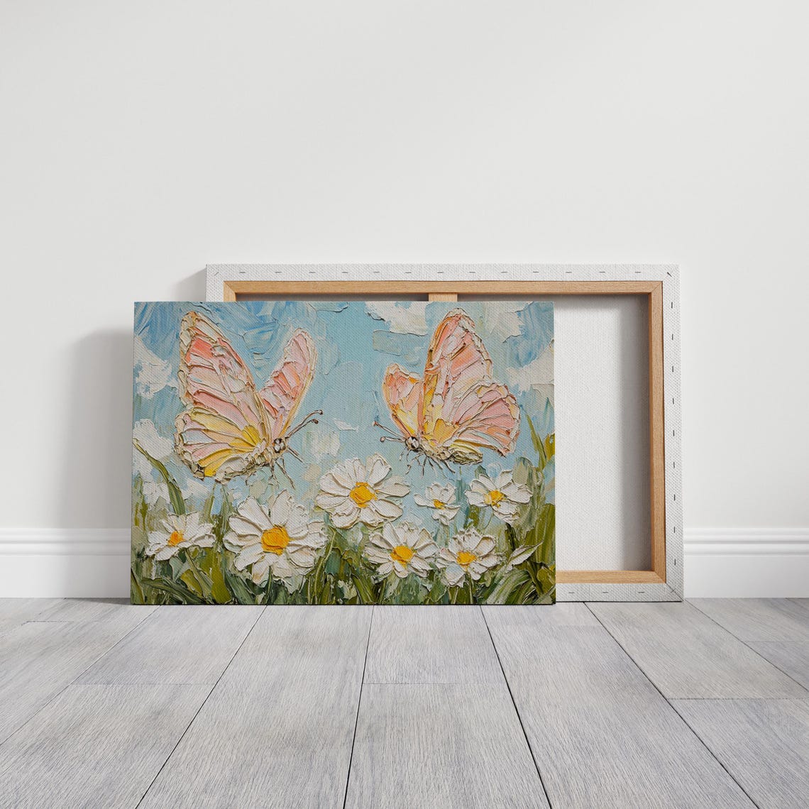 Soft Pink And Yellow Butterflies Hovering Above Vibrant Daisies In A Textured Painting Style With A Bright Blue Backdrop - Image 5