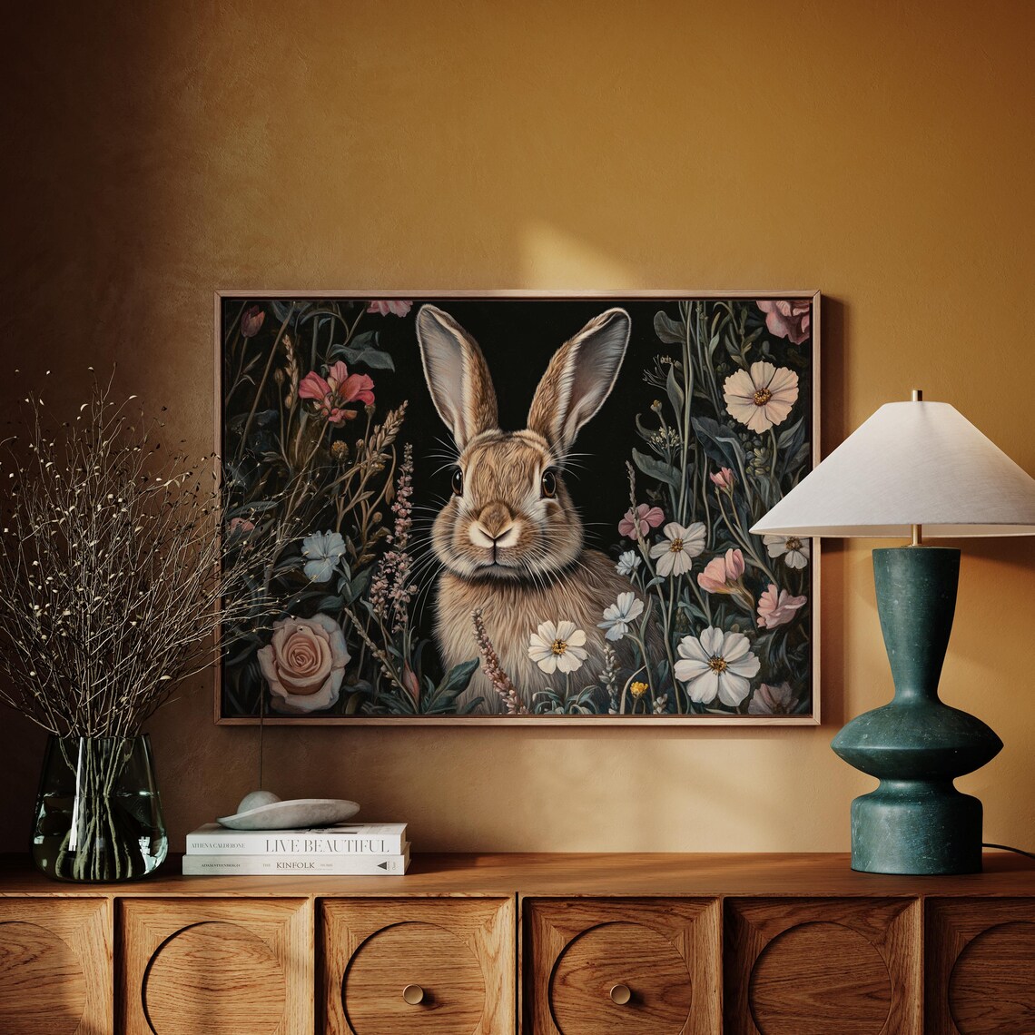 Brown Rabbit Among Wildflowers Dark Botanical Floral Animal Art Print - Image 3