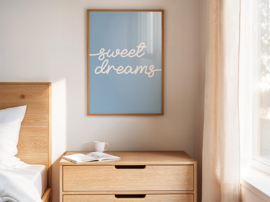 Sweet Dreams Flowing White Script Dusty Blue Bedroom Wall Poster - Image 3