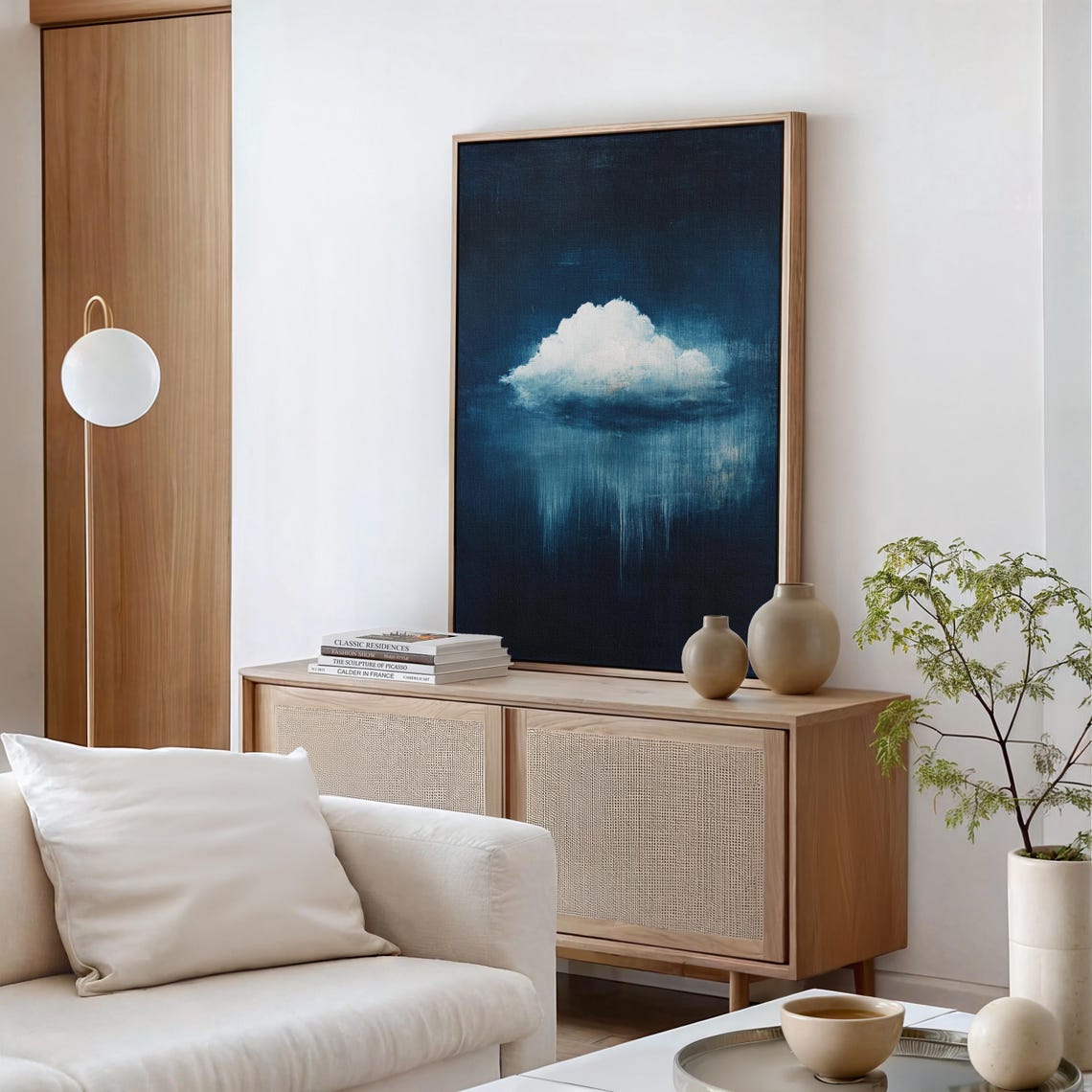 Abstract Rain Cloud Painting Minimalist Moody Sky Art Dark Blue Atmospheric Print Surreal Cloudscape Wall Decor - Image 2