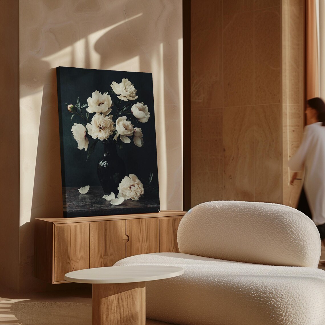 White Peonies In Black Vase Dark Moody Floral Still Life Wall Art - Image 5