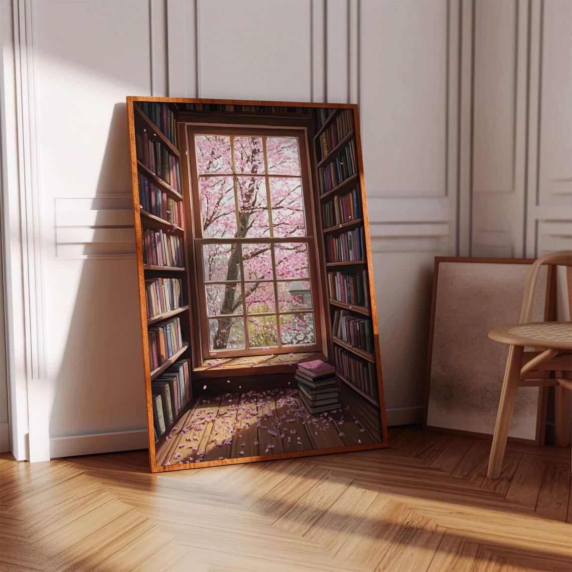 Cherry Blossom Library Art Print Spring Window Scene With Books Peaceful Reading Nook Wall Decor For Book Lovers - Image 5