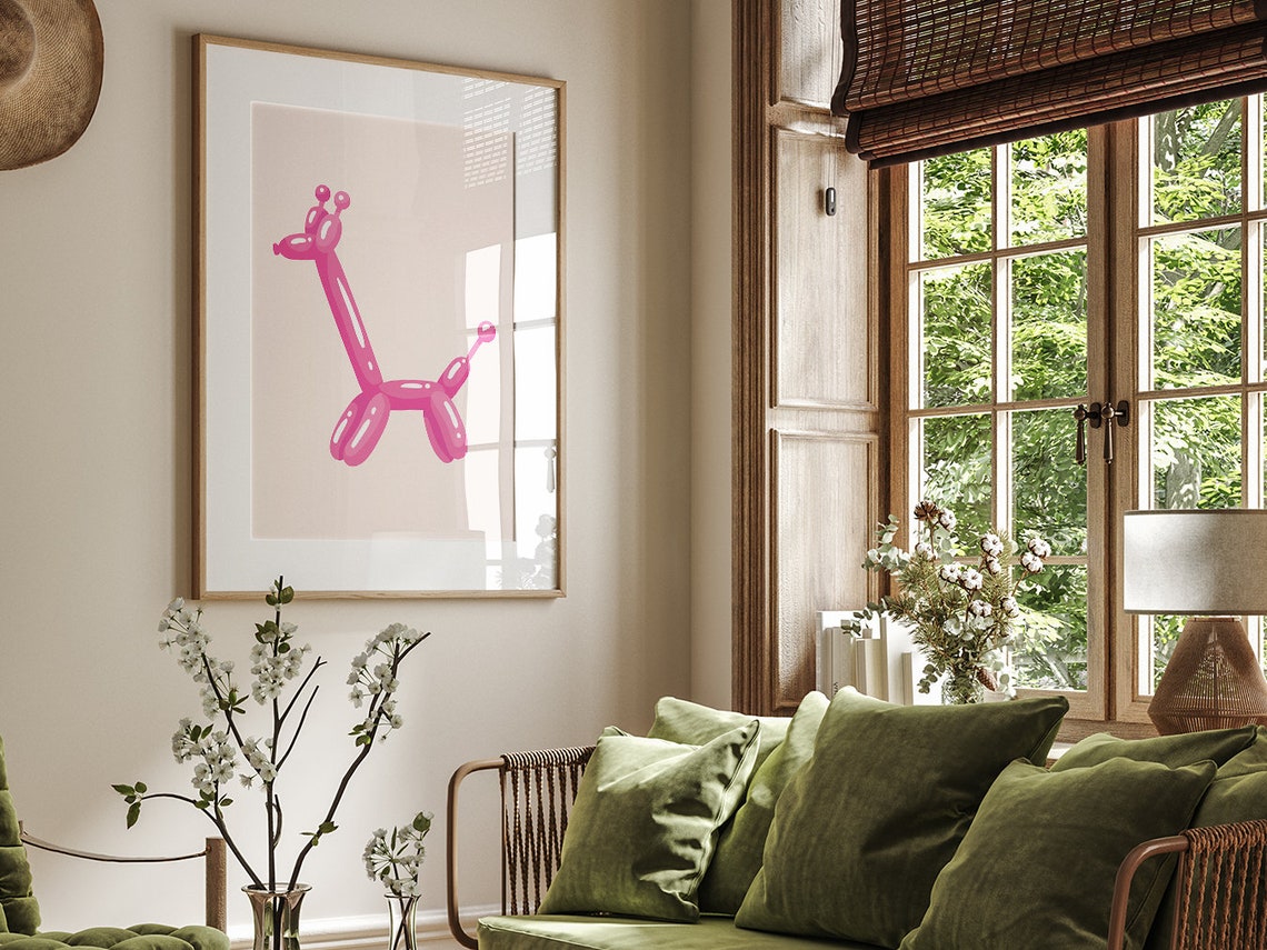 Hot Pink Balloon Giraffe Minimalist Bold Boho Kids Room Poster - Image 4