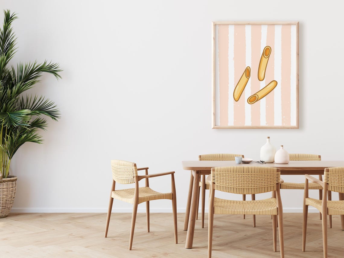 Golden Penne Noodles Pink Striped Background Minimalist Kitchen Poster - Image 2