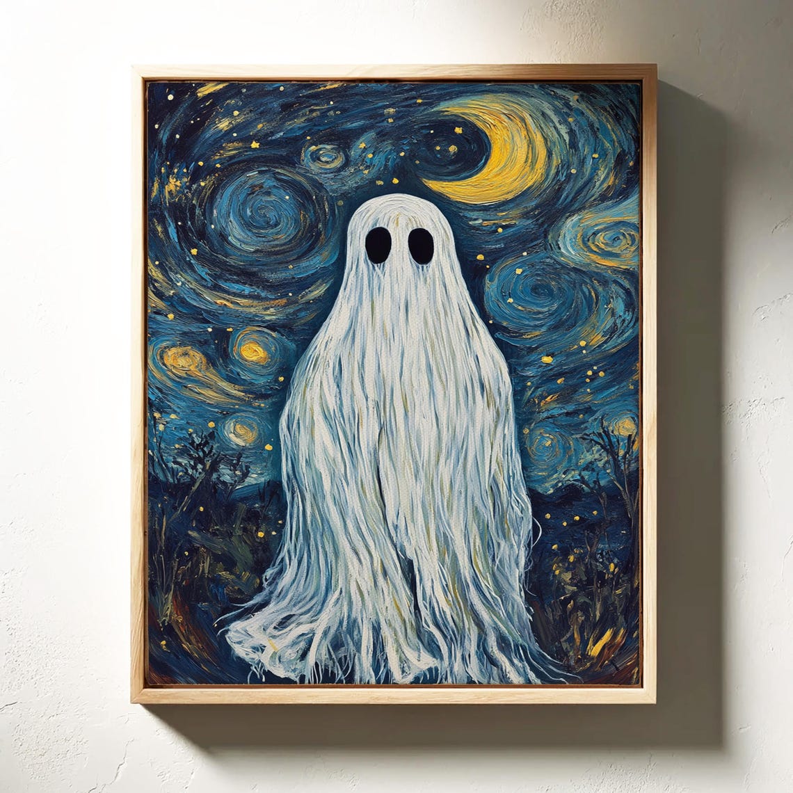 Cute Ghost in Swirling Starry Night Moon Van Gogh Style Wall Poster - Image 4