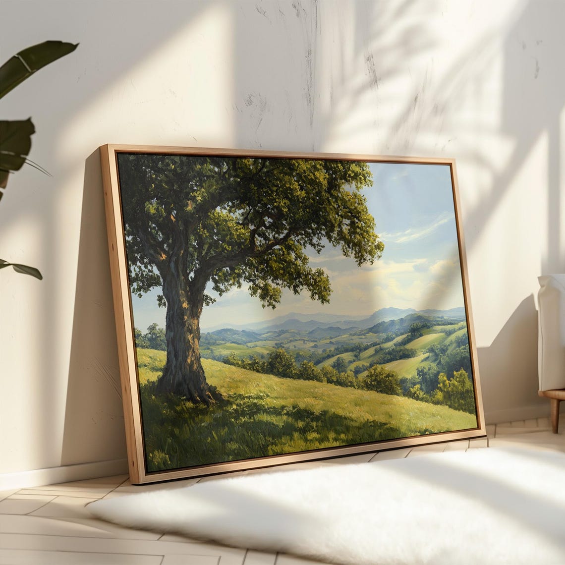 Serene Countryside Landscape Painting Rolling Hills Majestic Oak Tree Tranquil Nature Wall Art For Rustic Home Decor - Image 3