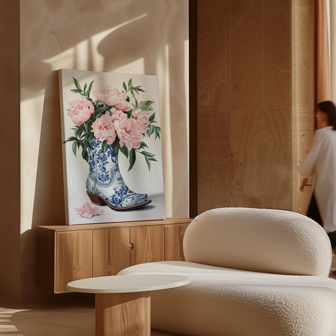 Pink Peonies Porcelain Cowboy Boot Vase Blue White Floral Art Poster - Image 4