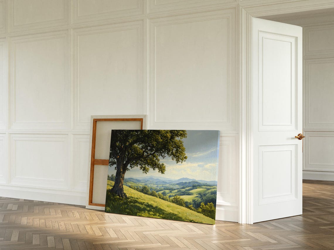 Serene Countryside Landscape Painting Rolling Hills Majestic Oak Tree Tranquil Nature Wall Art For Rustic Home Decor - Image 5