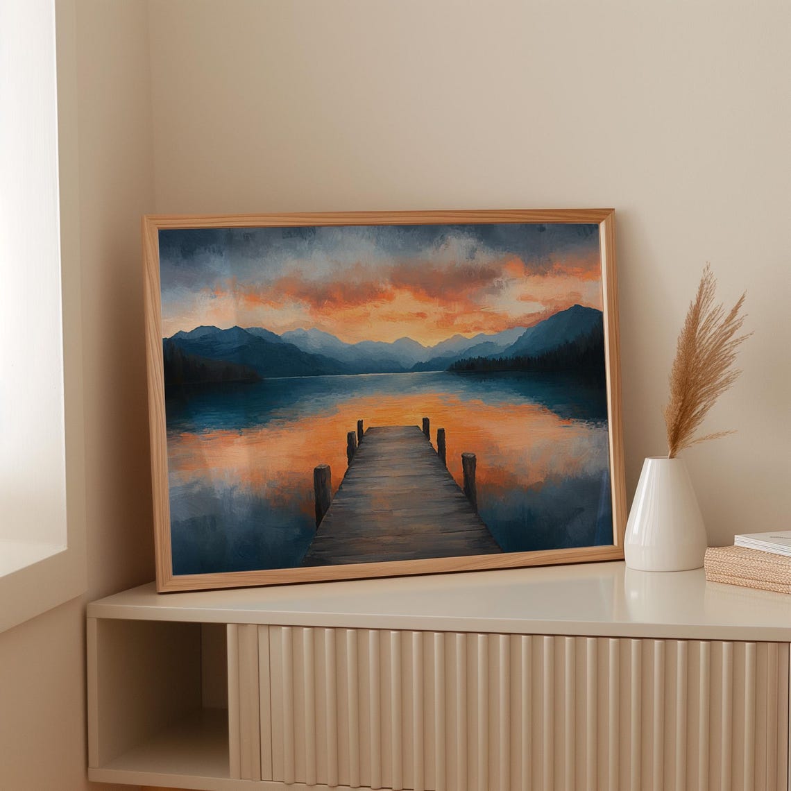 Serene Lakeside Sunset With Mountain Reflections Wall Art Print Peaceful Nature Landscape Painting For Wall Decor - Image 3