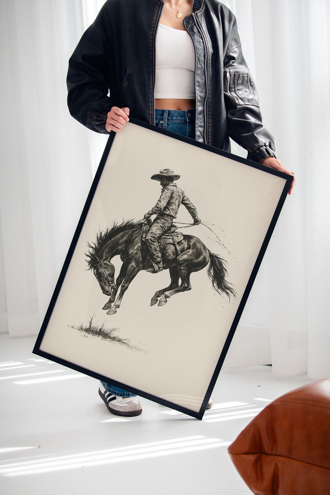 Western Cowboy Riding A Bucking Horse, Vintage Rodeo Ink Drawing - Image 5
