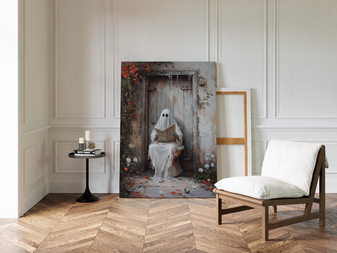 Funny Ghost Reading Newspaper Rustic Outhouse Halloween Bathroom Wall Art Poster - Image 4