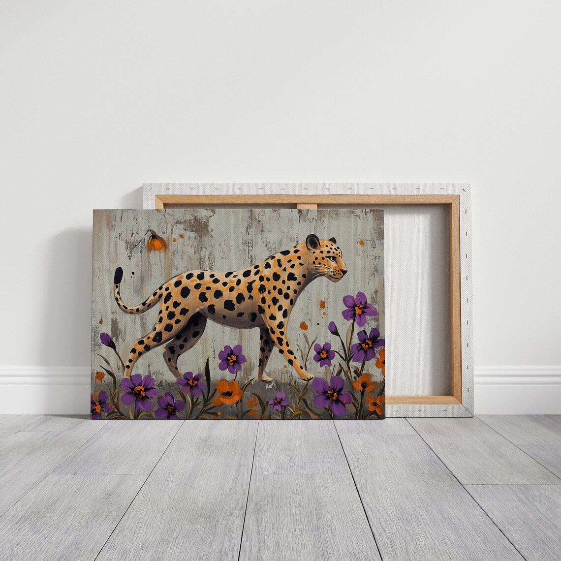 Elegant Leopard Purple Orange Flowers Distressed Background Wildlife Poster - Image 5