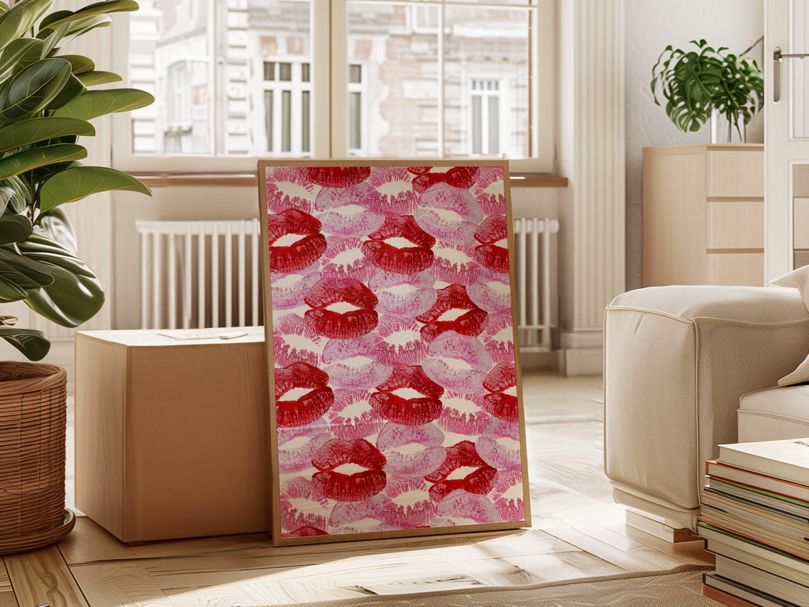 Red and Pink Lipstick Kiss Print Pattern Glam Beauty Wall Art Poster - Image 2