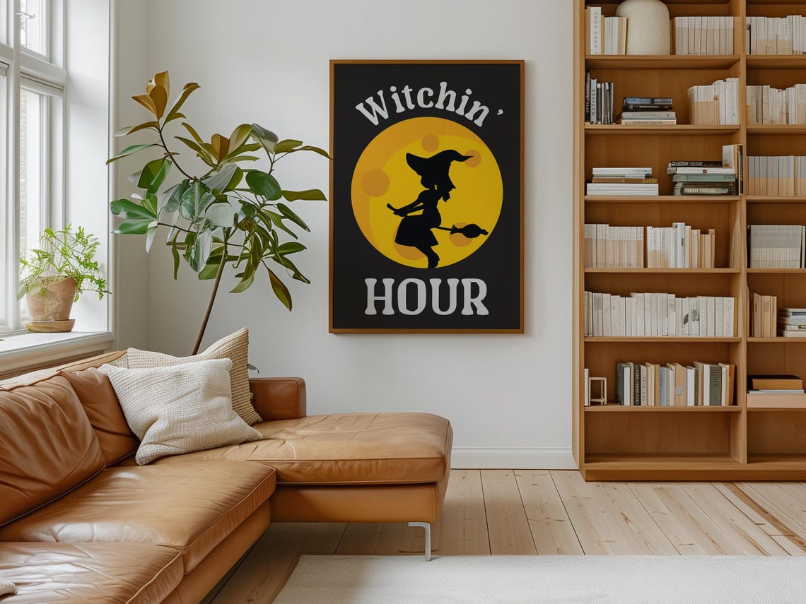Witchin Hour Witch On Broomstick Full Moon Silhouette Halloween Poster - Image 4