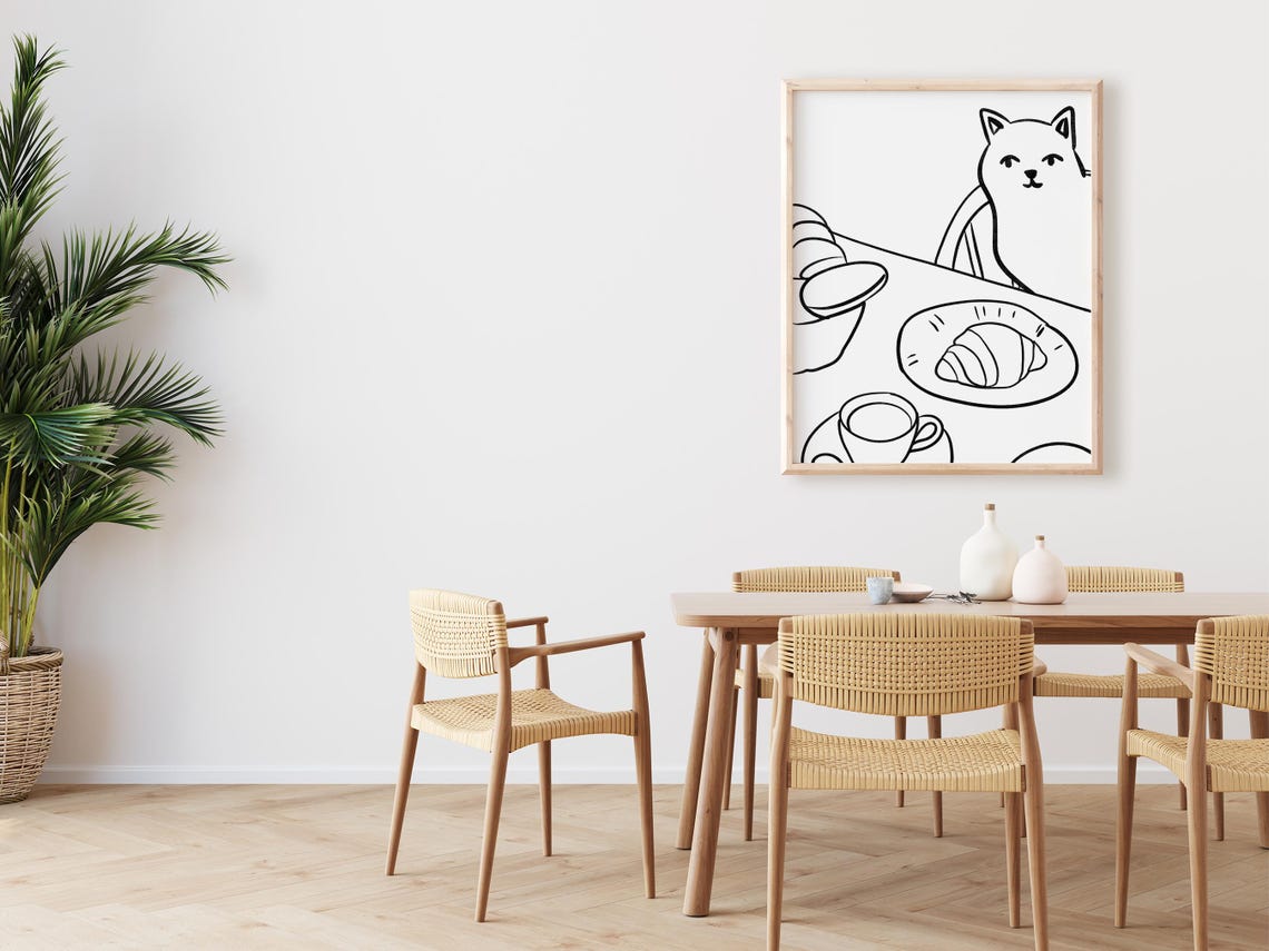 Whimsical Cat French Breakfast Table Minimalist Line Art Wall Poster - Image 4