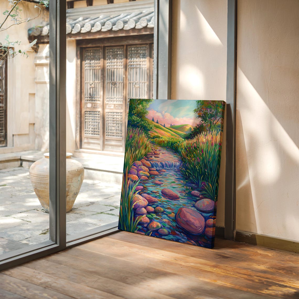 Serene Stream Landscape Painting Style Prints Vibrant Nature Scene With Flowing Water And Lush Greenery - Image 2