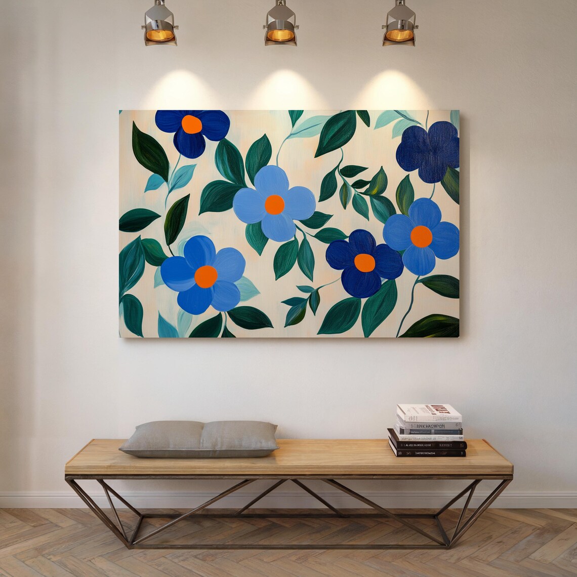 Bold Blue Blossoms Orange Centers Modern Floral Green Leaf Wall Poster - Image 3