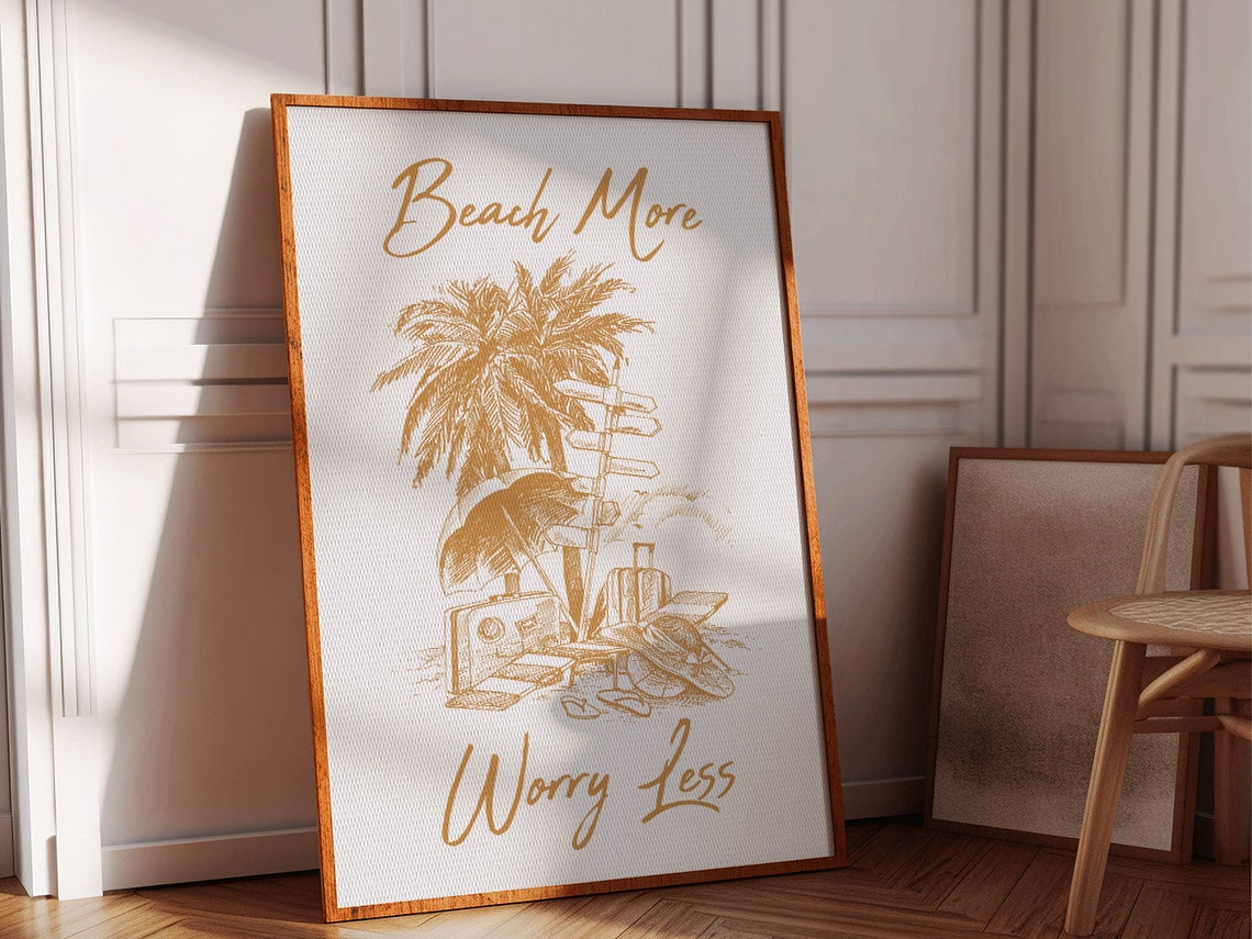Beach More Worry Less Copper Palm Tree Script Beach Quote Poster - Image 2