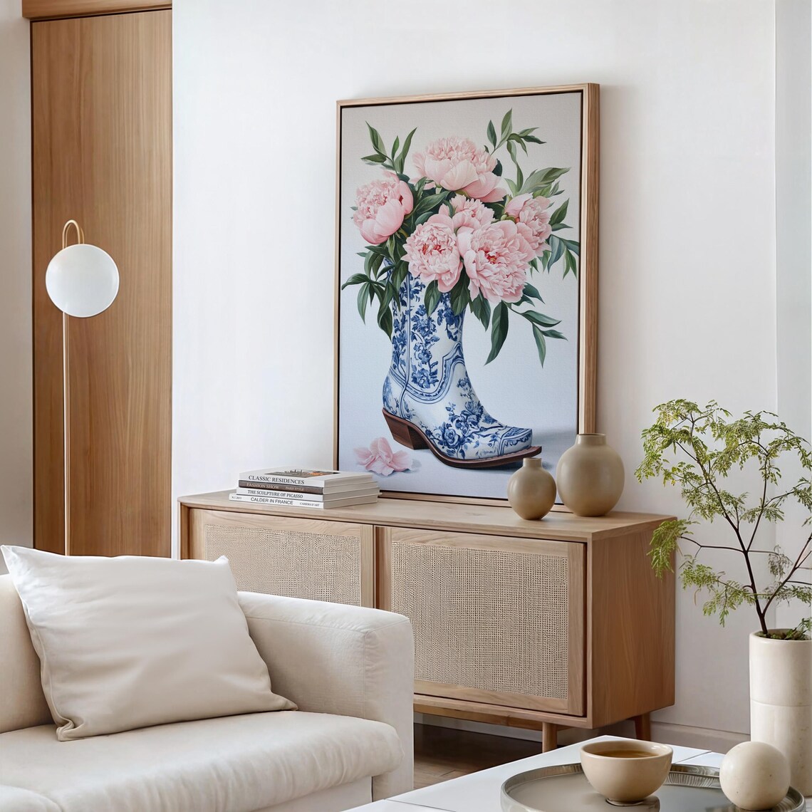 Pink Peonies Porcelain Cowboy Boot Vase Blue White Floral Art Poster - Image 3