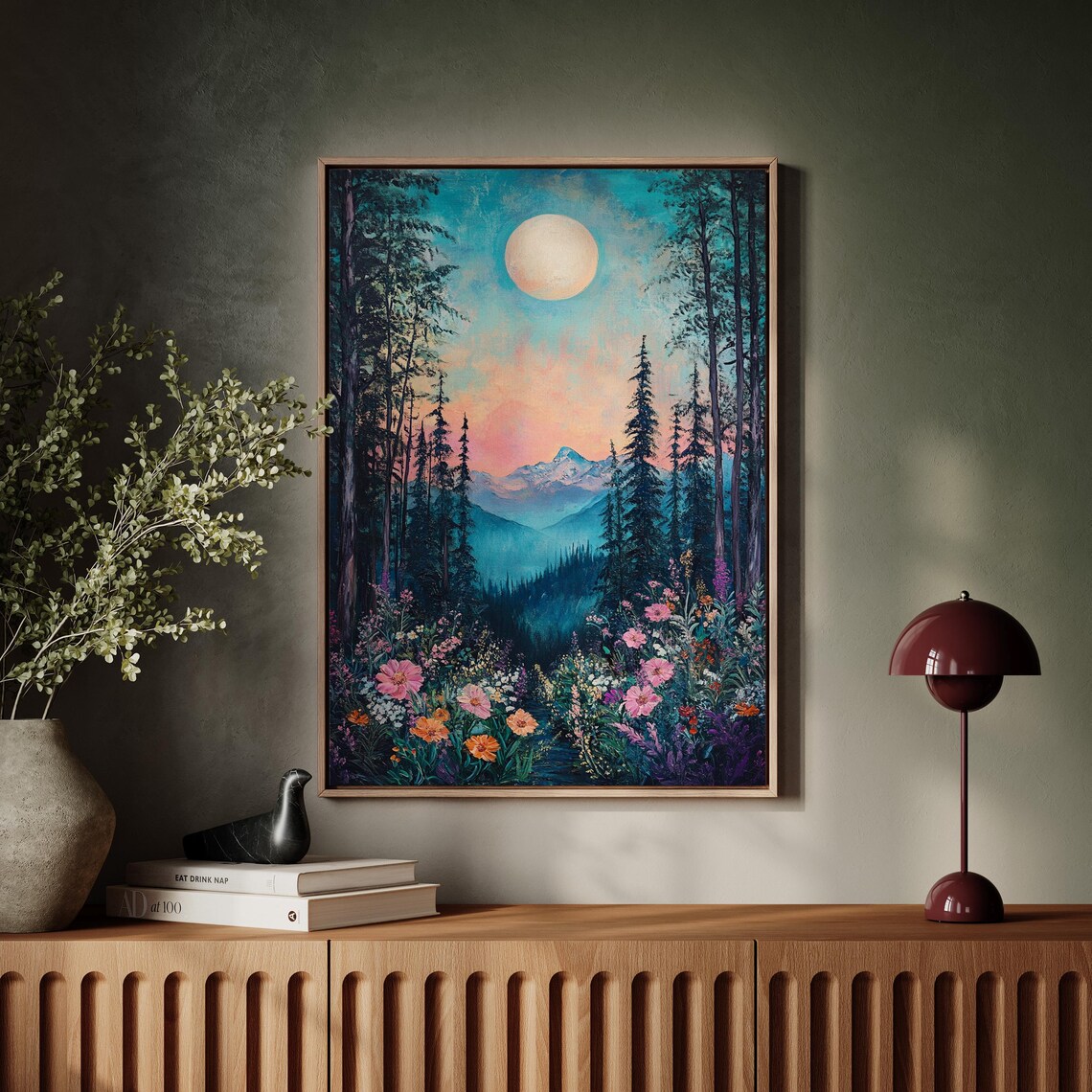 Enchanted Moonlit Mountain Art Print, Floral Forest Scene - Image 4