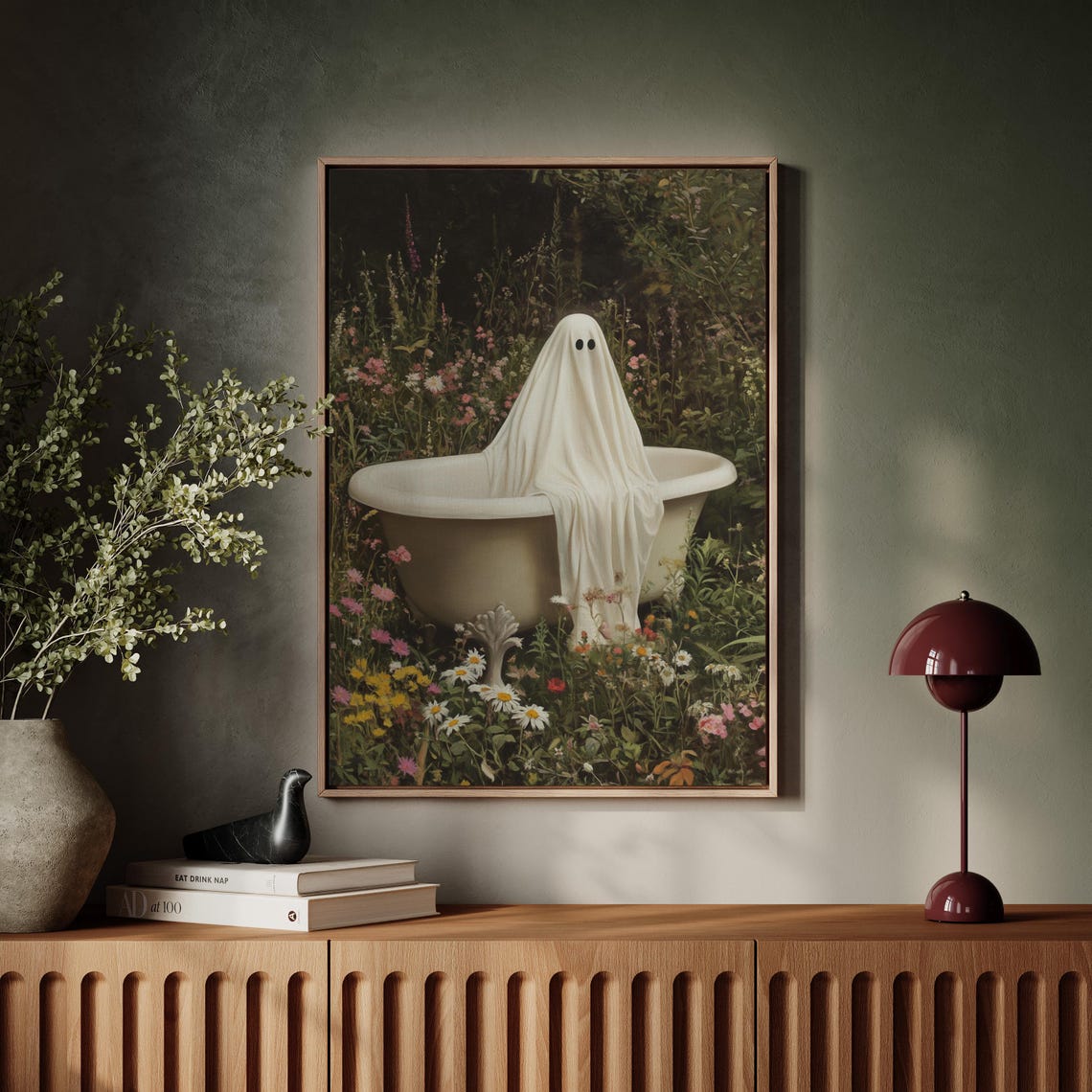 Whimsical Ghost Resting On Bathtub Cottagecore Floral Art Print - Image 5