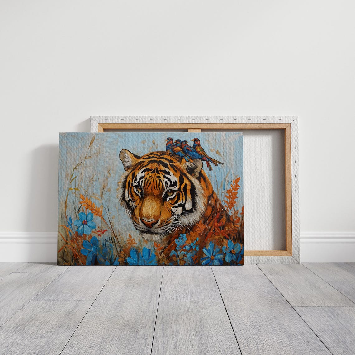 Majestic Tiger Portrait With Perched Birds And Blue Flowers Wall Art - Image 5