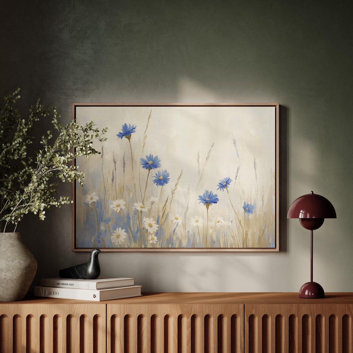 Blue Cornflowers And Daisies Soft Beige Wildflower Meadow Wall Art - Image 5
