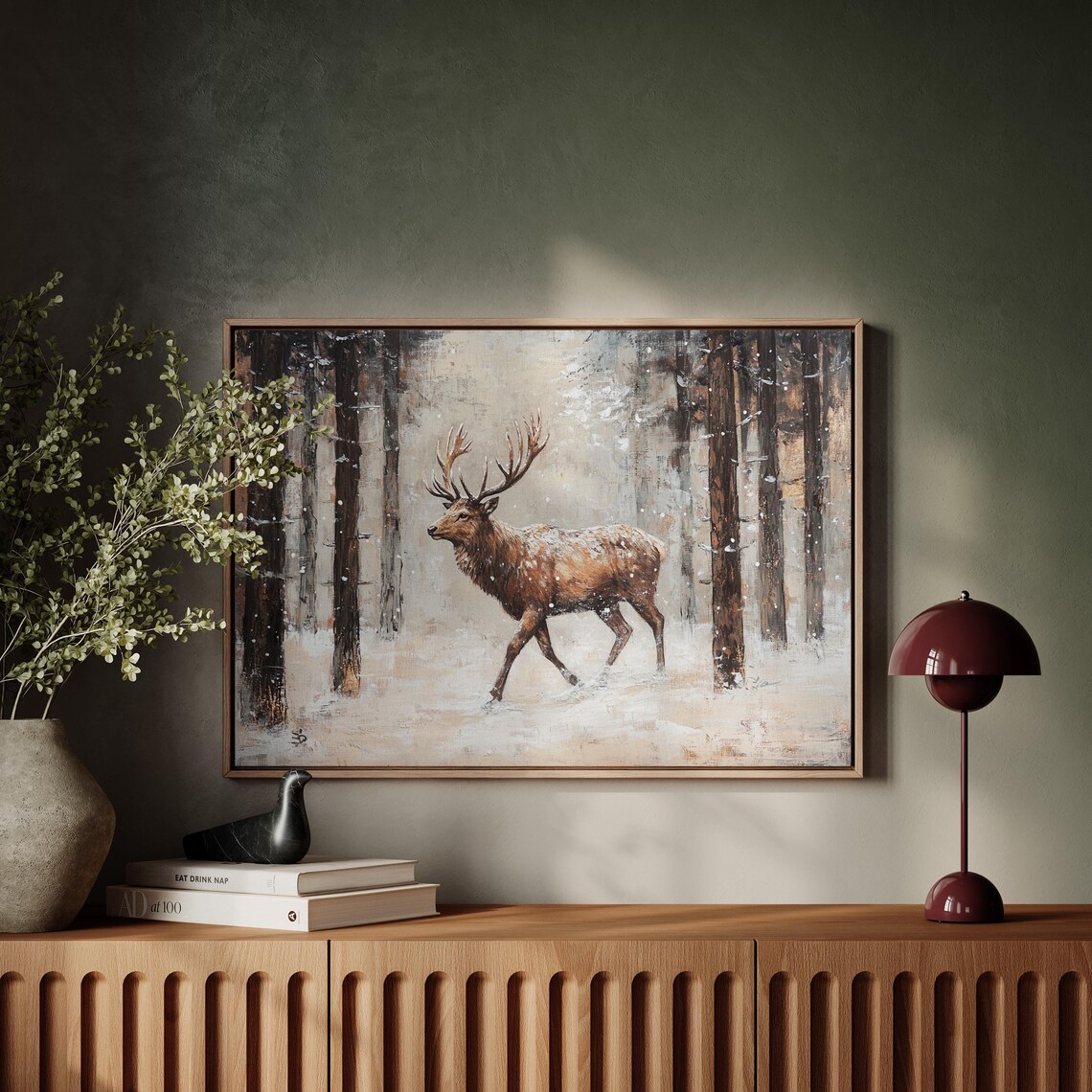 Majestic Elk In Snowy Winter Forest Rustic Wildlife Painting Style Print - Image 5
