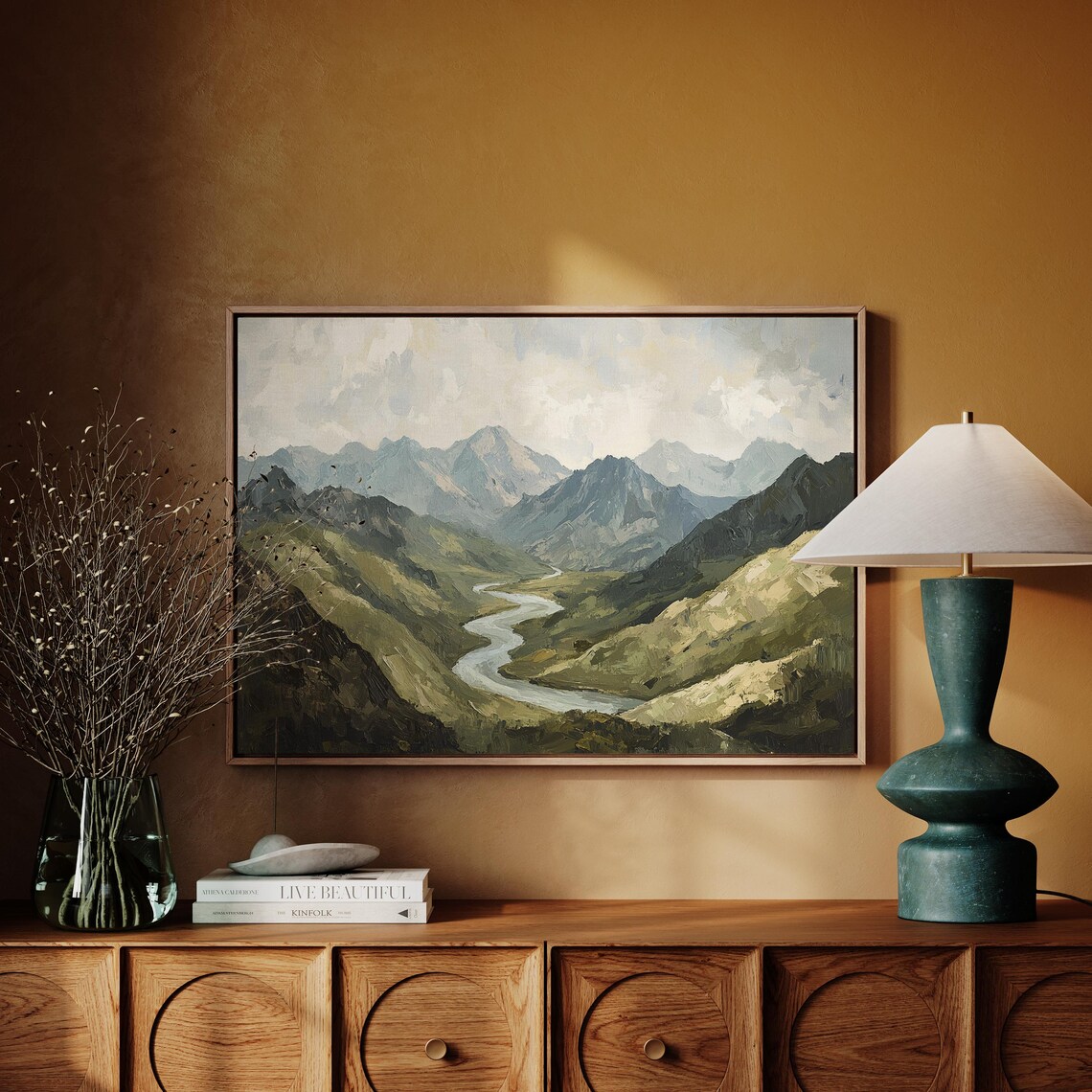 Serene River Valley Painting, Majestic Mountain Landscape - Image 4