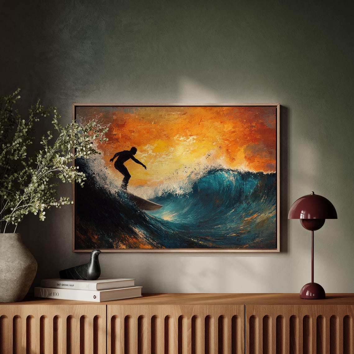 Surfing Wall Art Print Surfer Riding Ocean Wave At Sunset Coastal Decor For Beach House Living Room Or Office - Image 5
