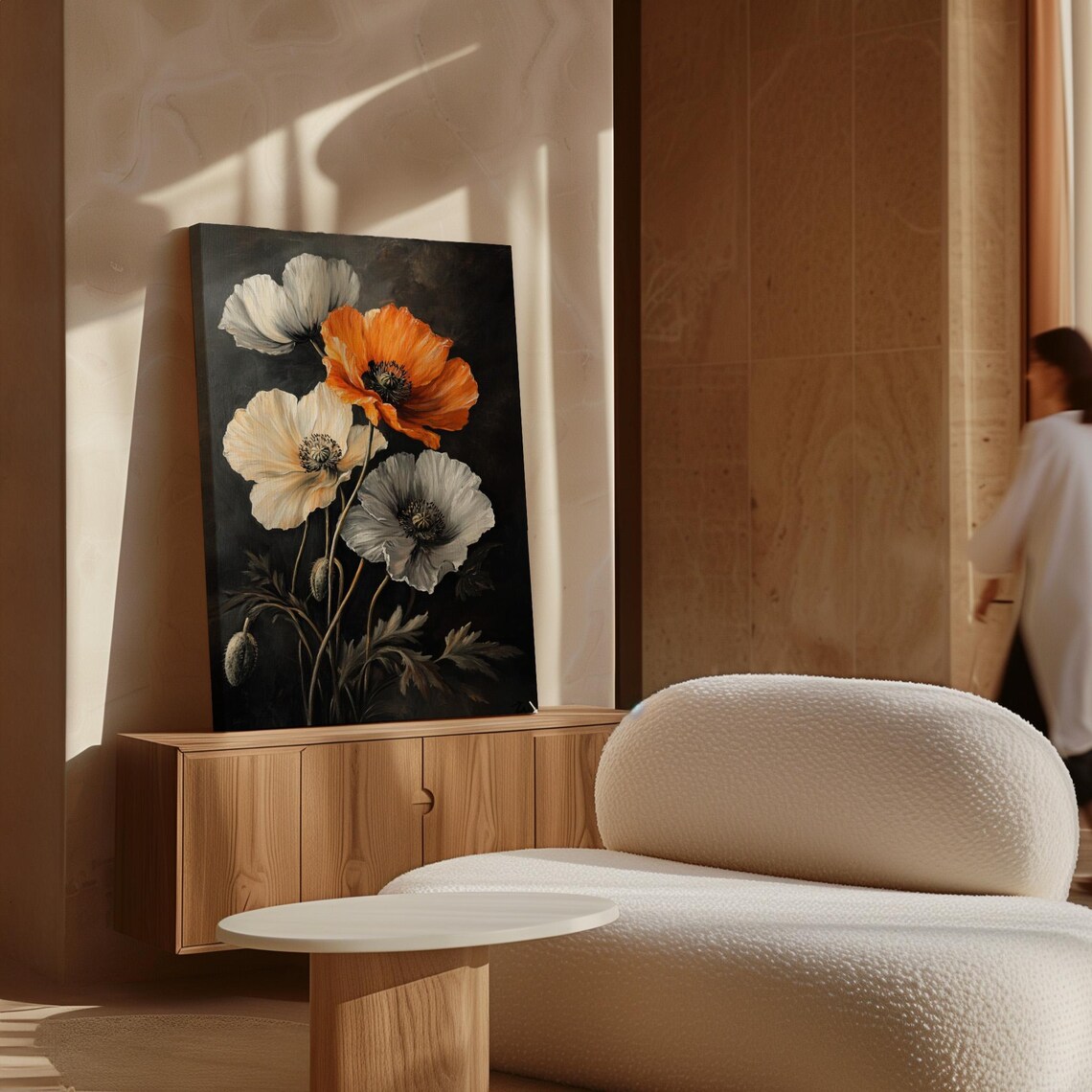 Dark Botanical Poppy Flower Painting Orange White Moody Wall Art Print - Image 5